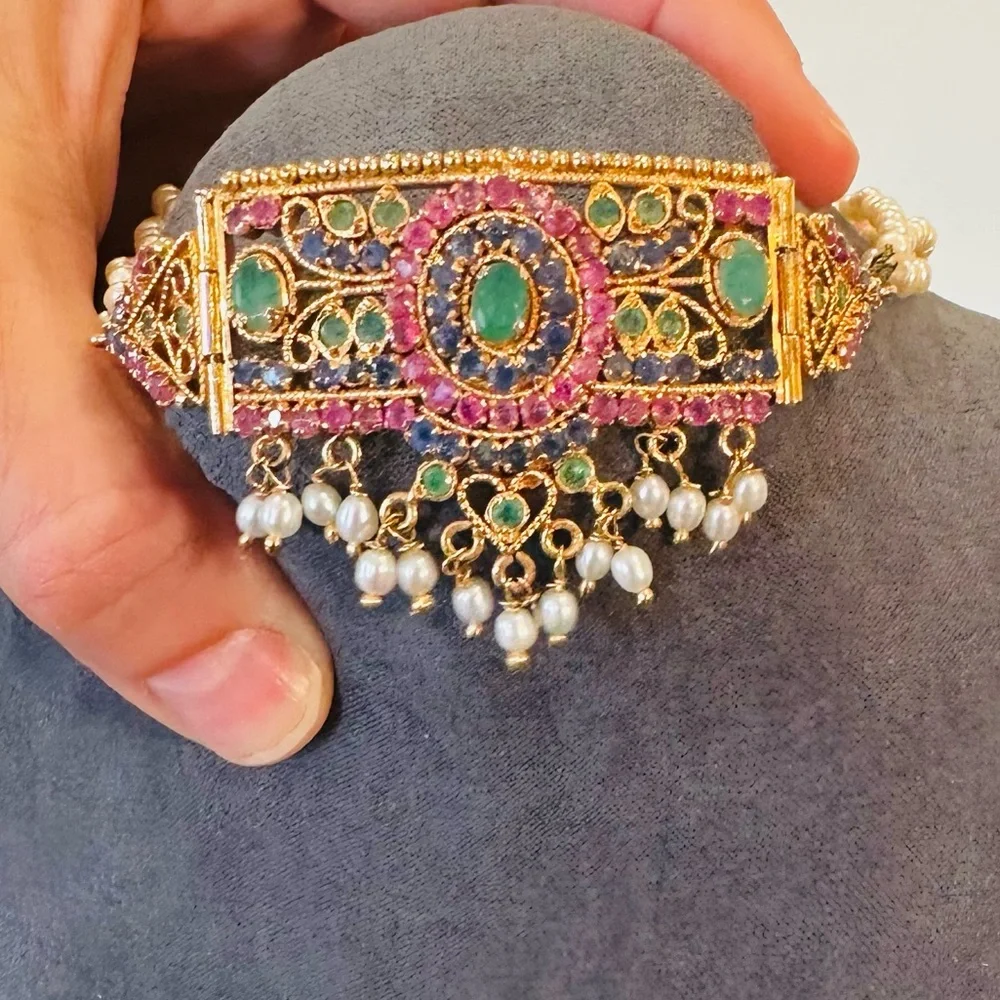 Vintage Estate Luxury Emerald Sapphire Ruby Pearl 24K gold plated Necklace - Picture 14 of 17